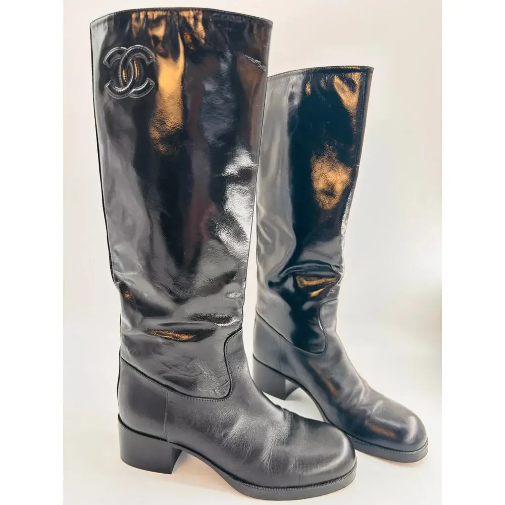 Chanel CC Black‎ Patent Leather Riding Boots EU 35 US 5